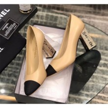 Imitation Chanel Heel 8cm Lambskin/Grosgrain Pumps G34905 apricot/Black 2019 CE03725