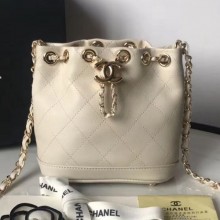 Imitation Chanel Quilted Leather Chain Drawstring Mini Bucket Bag White 2019 Collection CE04381