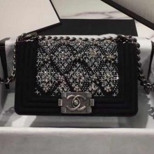 Imitation Chanel Wool Crystal Small Boy Flap Bag A67086 Black 2019 Collection CE02953
