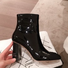 Imitation High Quality Chanel Patent Leather Logo Heel Zipped Short Boots Black 2020 Collection CE03549