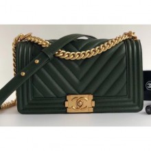 Knockoff Chanel Caviar Leather Chevron Boy Flap Medium Bag Green/Gold CE02612