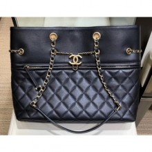 Knockoff Chanel Drawstring Shopping Tote Bag with Zip Black 2019 CE01298