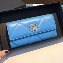 Knockoff Fashion Chanel 19 Goatskin Long Flap Wallet AP0955 Blue 2019 Collection CE03042