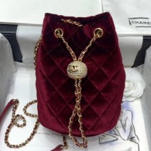 New Chanel Quilted Velvet Drawstring Bucket Bag with Crystal Ball Charm AS1894 Burgundy 2020 Collection CE01831