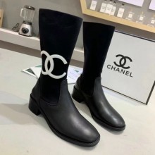 Replica AAA Chanel Calfskin and Knit Fabric CC Flat Fold Short Boots Black/White 2019 Collection CE01758