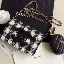 Replica Chanel CC Houndstooth Tweed Wallet on Chain WOC and Coin Purse White/Black 2019 Collection CE03860
