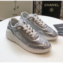 Replica Chanel CC Logo Sequins & Leather Sneakers G35936 Silver 2020 Collection CE01621