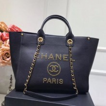 Replica Chanel Deauville Grained Calfskin Medium Shopping Bag A57067 Black/Gold 2019 Collection CE02114