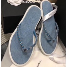 Replica Chanel Denim Chain Thong Sandals Light Blue 2020 CE03524