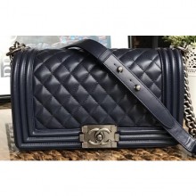 Replica Chanel Lambskin Boy Flap Medium Bag Navy Blue/Silver CE00730
