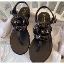 Replica Chanel Lambskin Classic Camellia Thong Sandals Black 2020 Collection CE02407