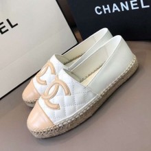 Replica Chanel Quilted Calfskin Flat Espadrilles G29762 White/Beige 2020 Collection CE03553