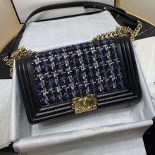 Replica Chanel Tweed Medium Boy Flap Bag Black/White/Blue 2019 Collection CE02590