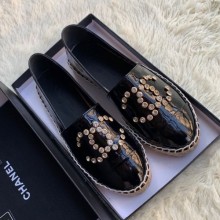 Replica High Quality Chanel Patent Leather Crystal CC Espadrilles Black 2019 Collection CE01594
