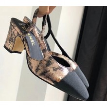 Replica Luxury Chanel Heel 6.5cm Slingbacks G31318 Laminated Bronze/Grosgrain Black 2019 CE02848