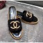Chanel CC Metal Logo Tweed Flat Slide Sandals Black 2020 Collection CE04156