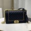 Chanel Quilted Calfskin Chain Medium Boy Flap Bag A67086 Navy Blue 2019 Collection CE01540