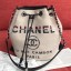 Hot Chanel Fabric Logo Print Small Drawstring Bucket Bag Beige White 2019 Collection CE04216