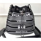 AAAAA Chanel Venise Biarritz Mixed Fibers Drawstring Bag AS0464 Black/White 2019 CE02276