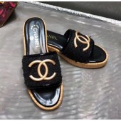 Chanel CC Metal Logo Tweed Flat Slide Sandals Black 2020 Collection CE04156