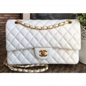Chanel Classic Flap Medium Bag A1112 White in Sheepskin Leather with Gold Hardware CE01122