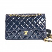 Chanel Classic jumbo Flap Bag 1113 navy blue in patent leather with silver Hardware CE03902