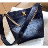 Chanel Crocodile Embossed Calfskin Button Up Hobo Bag Black 2019 CE03099
