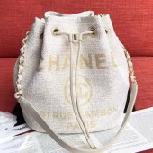 Chanel Fabric Logo Print Small Drawstring Bucket Bag White/Gold 2019 Collection CE02935