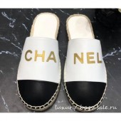 Chanel Gold Logo Espadrilles Mules White/Black 2019 CE02267
