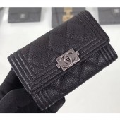 Chanel Grained Calfskin Boy Flap Card Holder A80603 Black/Silver CE04260