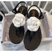 Chanel Lambskin Classic Camellia Thong Sandals Black/White 2020 Collection CE03016