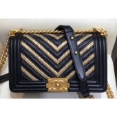 Chanel Metallic Boy Medium Flap Bag Chevron Black/Gold 2019 CE03108