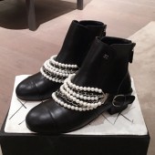 Chanel Pearl Chain Buckle Short Boots Black 2019 Collection CE02157