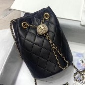 Chanel Quilted Lambskin Drawstring Bucket Bag with Crystal Ball Charm AS1894 Black 2020 Collection CE03604