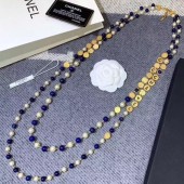 Chanel Round Metal and Pearl Double Long Necklace Gold/Blue/White 2019 Collection CE01004