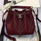 Chanel Studded Chevron Calfskin Bucket Bag Burgundy 2019 Collection CE00899