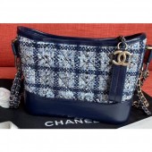 Chanel Tweed/Calfskin Gabrielle Small Hobo Bag A91810 Grid Navy Blue CE03957