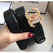 Chanel Width 3cm Smooth Leather Belt with Pearl & Metal Buckle Black 2020 Collection CE02611