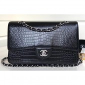 Copy Best Chanel Croco Pattern Classic Flap Medium Bag Black CE00770