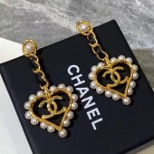 Copy Chanel Chain Leather and Pearl Heart Pendant Earrings Black/White/Gold 2019 Collection CE03417