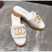 Fake Chanel CC Metal Logo Tweed Flat Slide Sandals White 2020 Collection CE01057
