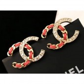 Fake Chanel Crystal and Leather CC Earrings Red/Crystal/Gold 2018 CE02984