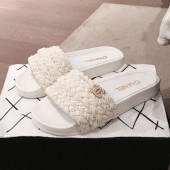Fashion Replica Chanel Tweed Pearls Flat Mule Slide Sandals G35696 White 2020 Collection CE02709