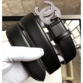 High Quality Chanel Width 3cm Crystal CC Logo Buckle Leather Belt Grained Black/Silver CE02618