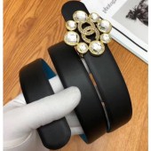 High Quality Fake Chanel Width 3cm Crystal and CC Logo Buckle Leather Belt Black/Gold Belt CE02652