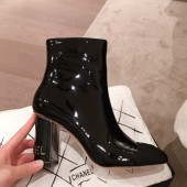 Imitation High Quality Chanel Patent Leather Logo Heel Zipped Short Boots Black 2020 Collection CE03549