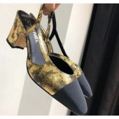 Knockoff Chanel Heel 6.5cm Slingbacks G31318 Laminated Gold/Grosgrain Black 2019 CE03041