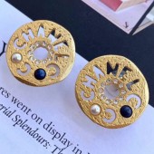 Knockoff Chanel Round Metal Cutout Lettering Stud Earrings AB1602 Gold/Blue 2019 Collection CE03539