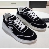 Knockoff Chanel Terry-cloth & Goatskin Classic Sneaker Black/White 2020 Collection CE01368