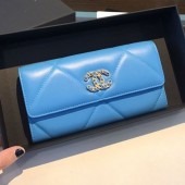 Knockoff Fashion Chanel 19 Goatskin Long Flap Wallet AP0955 Blue 2019 Collection CE03042